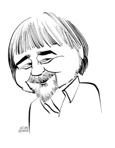 Alan Bleasdale karikatura, anglický televizní dramatik: b od John Minnion