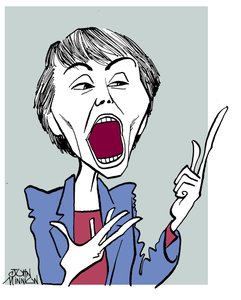 Camille Paglia - karikatura s otevřenými ústy od John Minnion