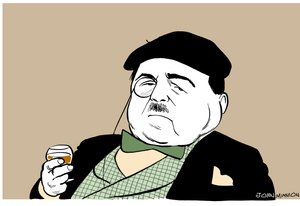 Reynaldo Hahn - karikatura německého venezuelského skladatele a dirigenta se sklenkou vína od John Minnion