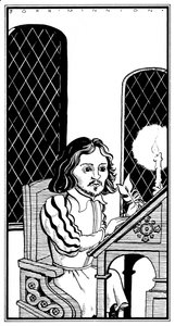 Thomas Tallis - karikatura sedící u psacího stolu - anglický hudební skladatel - 30. ledna 1505 - 23. listopadu 1585 od John Minnion