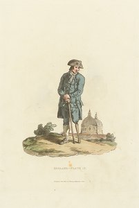 Anglie - deska 12. Greenwichský důchodce s dřevěnou nohou opřenou o hůl (akvatinta)