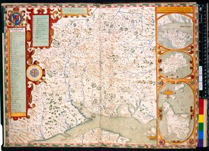 Přidat. 31853, ff.23-24, Southampton, Hampshire: Popis, od J. Nordena, s mapou: 1595 (barevná rytina) od John Norden