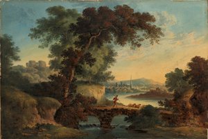 Krajina s hradem a mostem, asi 1808-20 (kvaš a akvarel) od John Oldfield