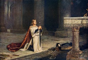 Aspirující rytíř bdící se zbraněmi pro vstup do rytířského stavu, ilustrace z „Romance a legendy rytířství“ od A. R. Hope Moncrieff