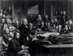 Dolní sněmovna v roce 1860: Lord Palmerston promluví ve sněmovně během rozpravy o smlouvě s Francií, vyryto Falknerem, 1863 (viz také 42219 a 107821) od John Phillip
