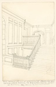 Pokračování schodiště, z haly do horních pater, Fairfax House, High Street, Putney, 1887