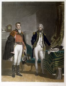 Setkání mezi generálmajorem Sirem Arthurem Wellesleym a viceadmirálem Horatiem Nelsonem, září 1805, vyryto Samuelem Williamem Reynoldsem (1794-1872), hospoda. od A.J. Isaacs od John Prescott (after) Knight
