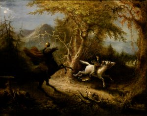 Bezhlavý jezdec pronásleduje Ichabod Cranea, 1858.