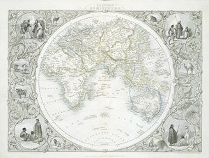 Východní polokoule, ze série map světa vydaných Johnem Tallis und Co., New York und London, 50. léta 19. století