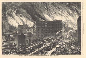 Chicago v plamenech – spěch o život přes most Randolph Street, ilustrace z Harpers Weekly, 1871 od John Reuben after Chapin