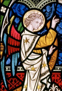 Maulden, St Mary, East Window, detail, Clayton & Bell, John Richard Clayton (1827-1913), Angel, detail, Christ in Majesty, c.1859 Mary