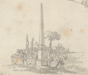Obelisk se střechami a stromy v dálce od John Robert Cozens