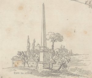 Obelisk se střechami a stromy v dálce od John Robert Cozens