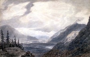 PD.6-1965 Pays de Valais, poblíž Ženevského jezera, kolem roku 1776 (indický inkoust, tužka a pero na papíře) od John Robert Cozens
