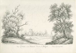 Barton under Needwood Village: kresba perem a tuší, 1836 od John Robert Fernyhough