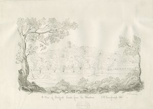 Stafford Castle - East View: kresba perem a sépií od John Robert Fernyhough