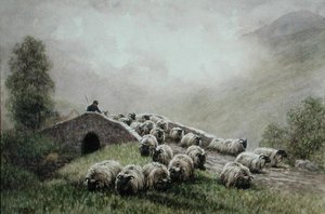 Highland Bridge s pastýřem a stádem (akvarel na papíře) od John Robert Keitley Duff