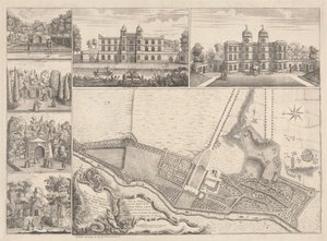 Plán zahrad a pohled na budovy Ye, vážený pane Henry Pelham, Esqr. v Echa v Ye County of Surrey od John Rocque