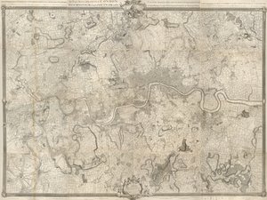 Mapa Londýna z 18. století. Přesný průzkum města Londýn, Westminster ye Borough of Southwark a země v okolí deseti mil začal v roce 1741 a skončil v roce 1745 / geodetem Johnem Rocquem a (vyryto Richardem Parrem). od John Rocque