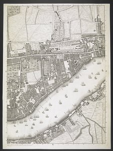 Plán Londýna, dálnice Ratcliff, silnice Upper Shadwell,  Plán měst Londýna a Westminsteru a čtvrti Southwark; : se sousedními budovami; Ze skutečného průzkumu / pořízeného JOHN ROCQUE, Land-Surveyor, a Engraved by John Pine,  J od John Rocque
