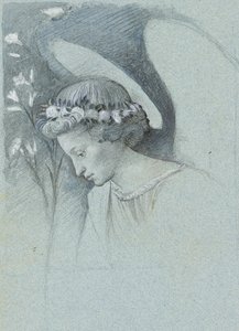 Studie hlavy anděla Gabriela v díle Filippa Lippiho „The Announcing Angel“, 28. června 1870 (grafit, akvarel a tělová barva na modrém tkaném papíře) od John Ruskin