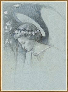 Studie hlavy anděla Gabriela v knize Filippo Lippi The Announcing Angel, 28. června 1870. od John Ruskin