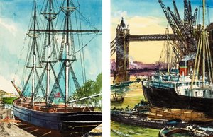 Vysoká loď na dolním toku Temže a nákladní loď s parním pohonem u Tower Bridge (kvaš na papíře) od John S. Smith