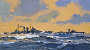 Britské křižníky HMS Exeter a HMS York (kvaš na papíře) od John S. Smith