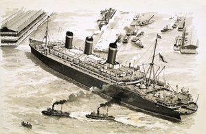 Parník Leviathan je vlečnými loděmi přiváděn k molu v newyorském přístavu. od John S. Smith