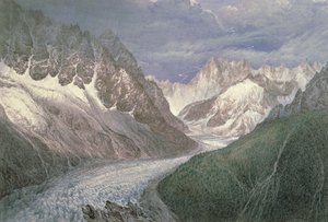 Pohled na Mer de Glace s Aiguille du Moine vlevo a Grandes Jorasses v dálce vpravo, 19. století od John Scandrett Harford