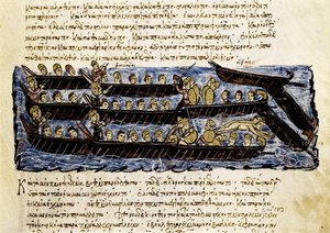 Ruská flotila, miniatura z "Synopsis historiarum", c.1126-1150 od John Scylitzes