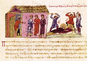 Mniši Saint Theophanes Vyznavač (asi 759-818) a Saint Theodore Studite (759-826) bičovali na příkaz císaře Theophila, miniatura ze "Synopsis historiarum", asi 1126-1150 od John Scylitzes