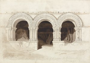 Arches in the West Side of the Cloister of St. Georges de Boscherville, near Rouen, Normandie, c.1818 (graphite, brown wash and per and inkoust on paper on card) (viz 172543) od John Sell Cotman