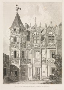 Architectural Antiquities of Normandie Vol. II, Pl. 64: Dům na Place de la Pucelle, v Rouen, od John Sell Cotman