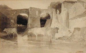 Bridge and Cows (pero a inkoust a mytí na papíře) od John Sell Cotman