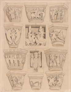 Kapitály a reliéfy A & B v opatském kostele Saint Georges de Bocherville u Rouenu, Normandie od John Sell Cotman