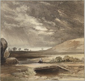 Krajina s bouřkovými mraky a mostem od John Sell Cotman