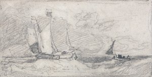 Plachetnice a čluny na rozbouřeném moři od John Sell Cotman