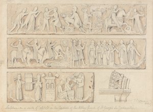 Sochařská výzdoba na souboru hlavic v křížové chodbě opatského kostela Saint Georges de Bocherville u Rouenu v Normandii od John Sell Cotman