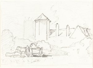 Náčrt budov s vozíkem a koňmi v popředí od John Sell Cotman