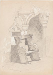 Náčrt interiéru zničeného kostela s židlí od John Sell Cotman