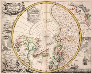 Mapa polární projekce s polárním kruhem, asi 1680 (kolorovaná rytina)