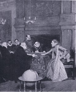 „Námořnictvo krále Španělska je v zahraničí“, z Cassells History of the British People vydané společností Waverley Book Company, kolem 50. let (litho) od John Seymour Lucas