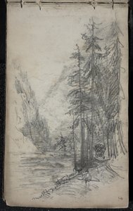 Horská krajina se stromy, 1871-72 (grafit na tmavém šedobílém tkaném papíru) od John Singer Sargent