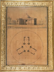Pohled a plán psího domu, 1779 (pero, inkoust a wc na papíře)