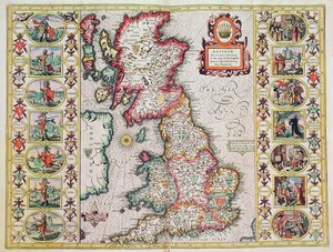 Británie, jak byla rozhodnuta v době anglických Sasů, zejména během jejich heptarchie (ručně kolorovaná mědirytina) od John Speed