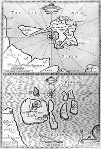Mapy ostrovů Holy Island a Farne Island v Northumberlandu z knihy "The Theatre of the Empire of Great Britaine" od Johna Speeda, 1676.
