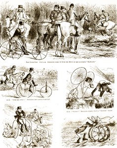 Karikatura zobrazující muže lovícího na tříkolce. Ilustroval John Tenniel (1820-1914), anglický ilustrátor, grafický humorista a politický karikaturista od John Tenniel