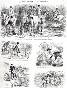 Karikatura zobrazující muže lovícího na tříkolce. Ilustroval John Tenniel (1820-1914), anglický ilustrátor, grafický humorista a politický karikaturista od John Tenniel