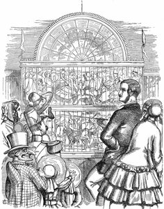Albert, princ choť královny Viktorie, předvádí Crystal Palace a Velkou výstavu v Hyde Parku v Londýně. John Tenniel karikatura z Punch London 1851. Dřevoryt od John Tenniel
